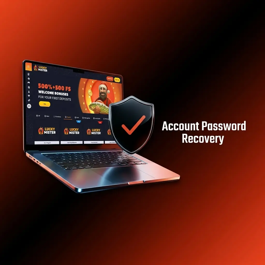 LuckyMister account password recovery steps showing reset link, email or SMS code confirmation, and new password setup