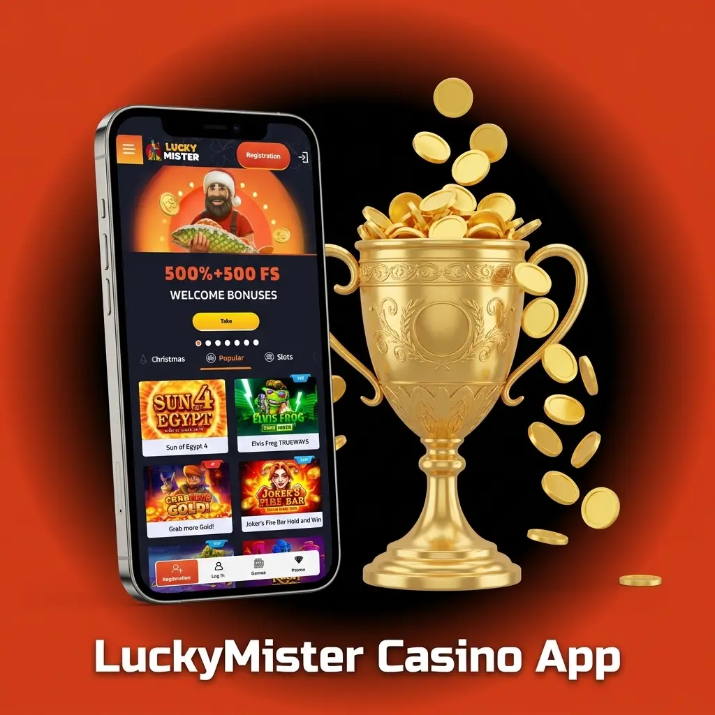 LuckyMister Casino app on mobile showing slots, live casino, table games and promotions from top developers