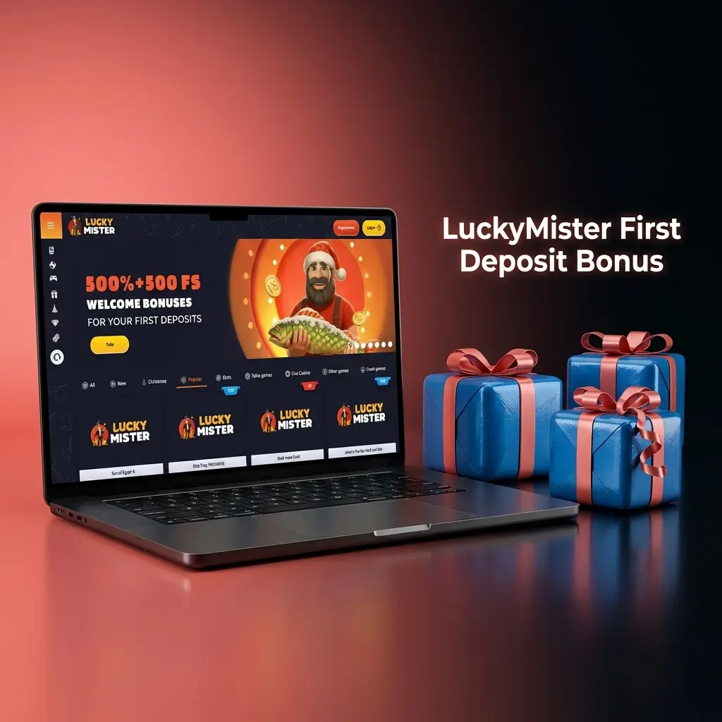 LuckyMister first deposit bonus offer showing 500% bonus funds and 500 free spins for UK players, £10 minimum deposit