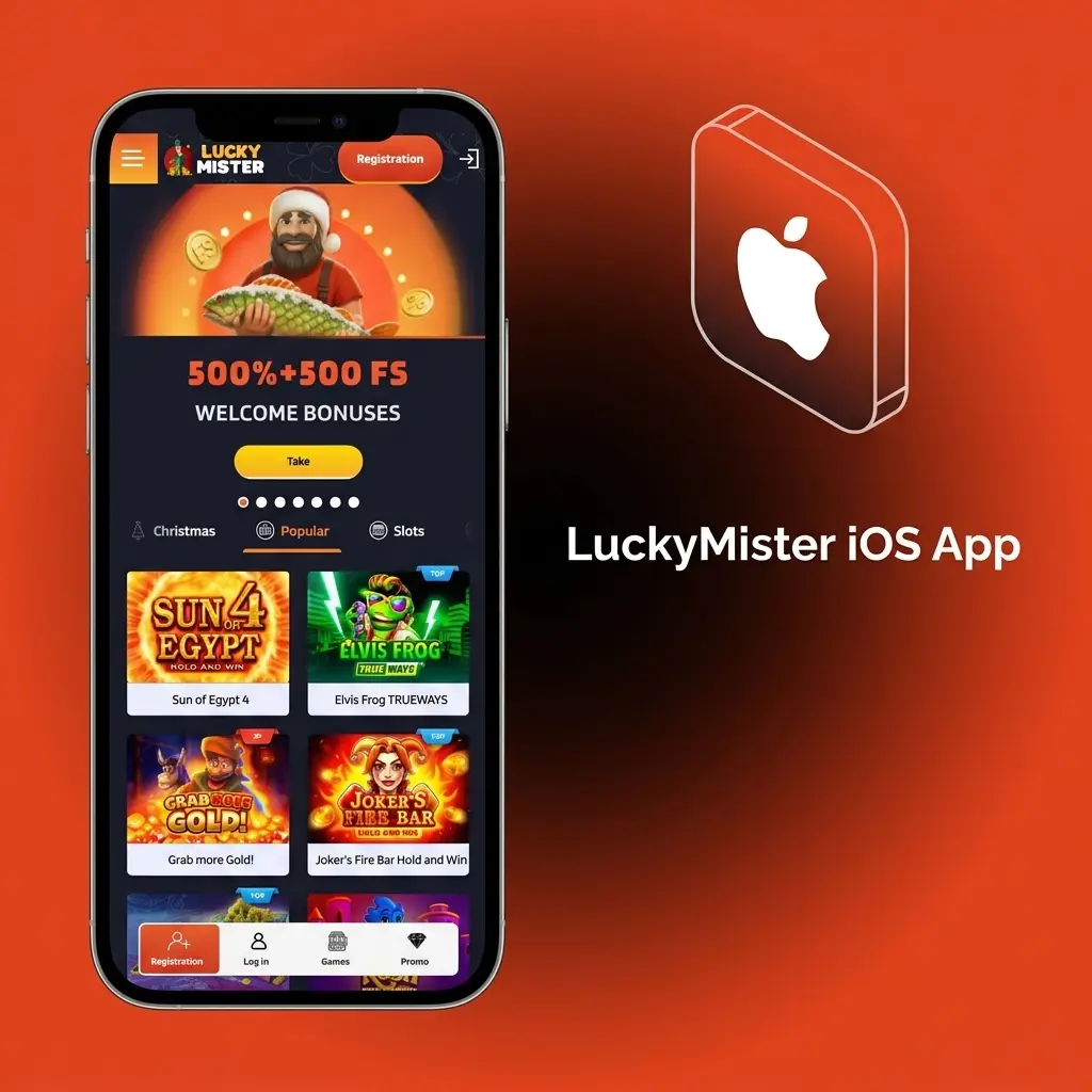LuckyMister iOS app interface on iPhone and iPad showing sports betting and casino games features