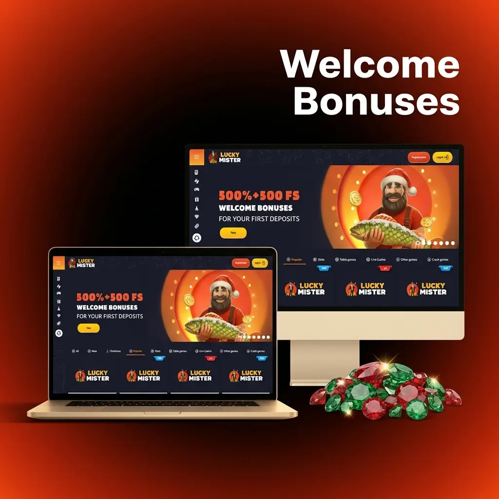 LuckyMister UK welcome bonuses table showing up to 500% bonus funds and 500 free spins, £10 min deposit, wagering and validity