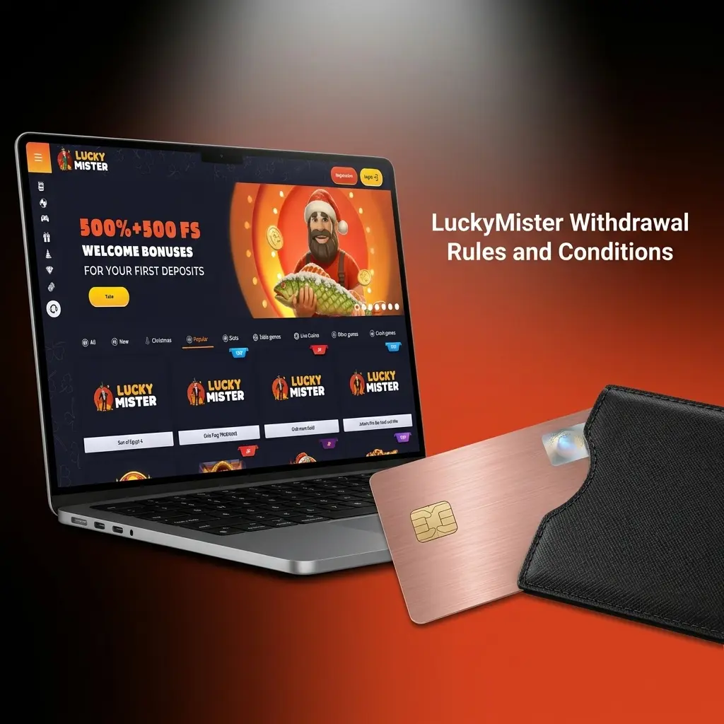 LuckyMister withdrawal rules in the UK showing name match, verification, bonus terms, currency, and limits review time