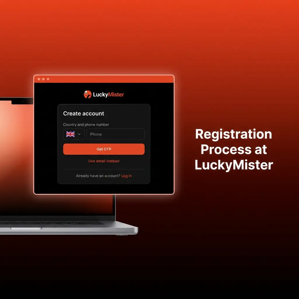 LuckyMister registration steps screen showing sign-up details, UK country selection, account verification and first deposit instructions