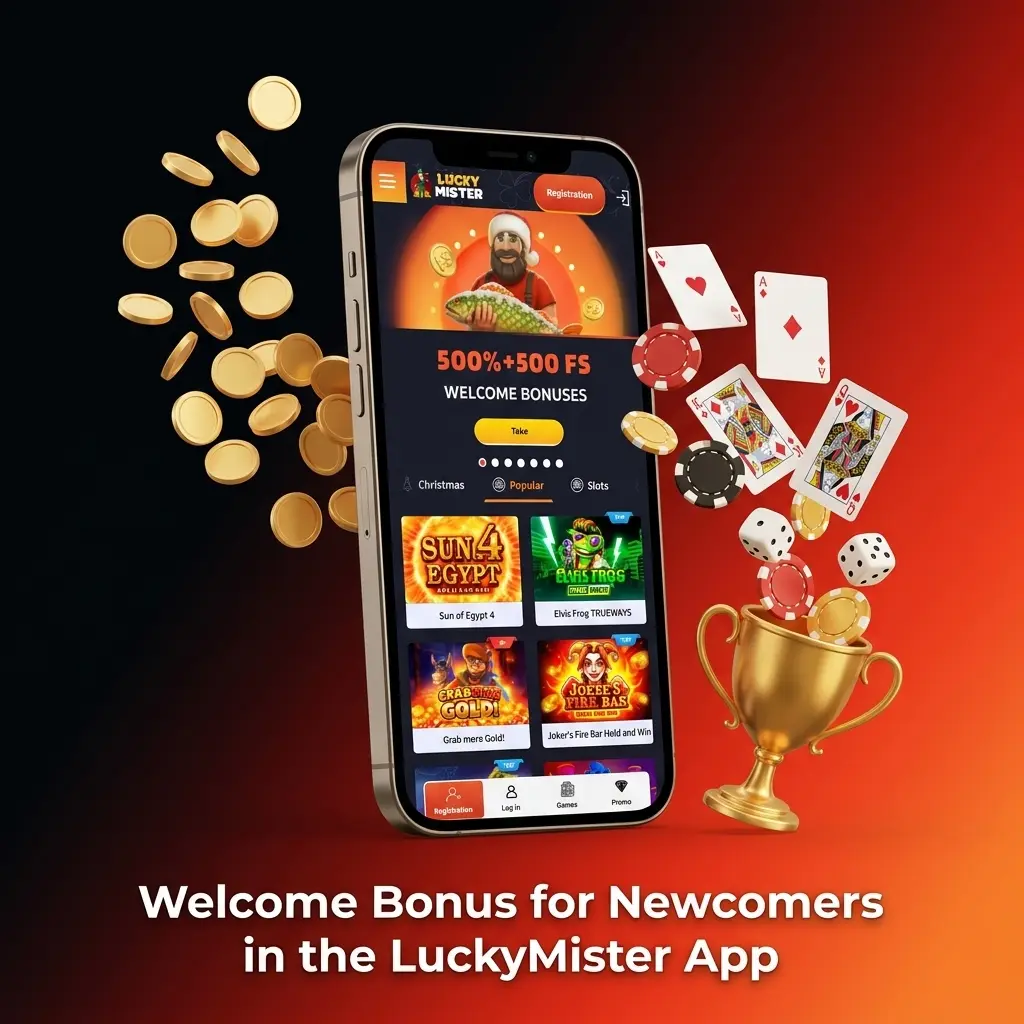 LuckyMister app welcome bonus showing 500% match options for sports and casino with 500 free spins for new users